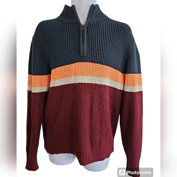 Goodfellow Colorblock Half Zip Sweater Men’s Large Maroon Navy Striped Pullover - Picture 2 of 8